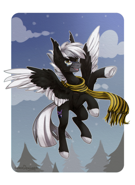 Size: 764x1046 | Tagged: safe, artist:lonerdemiurge_nail, derpibooru import, oc, oc:midnight serenity, pegasus, pony, clothes, fangs, flying, frog (hoof), glasses, scarf, simple background, solo, transparent background, tree, underhoof, unshorn fetlocks