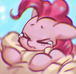 Size: 900x874 | Tagged: safe, artist:mirroredsea, derpibooru import, pinkie pie, earth pony, pony, ><, blue background, bust, chromatic aberration, crying, cute, diapinkes, eyes closed, female, floppy ears, mare, motion blur, portrait, simple background, solo