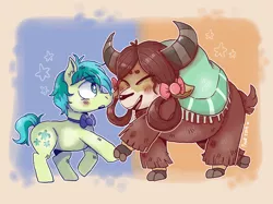 Size: 2732x2048 | Tagged: safe, artist:peanutcat62, derpibooru import, sandbar, yona, yak, she's all yak, blushing, bow, bowtie, cloven hooves, cute, dancing, eyes closed, female, hair bow, holding hooves, male, monkey swings, sandabetes, shipping, signature, starry eyes, straight, wingding eyes, yonabar, yonadorable