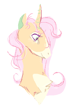 Size: 252x360 | Tagged: safe, artist:sleepy--demon, derpibooru import, fluttershy, pony, unicorn, leak, spoiler:g5, bust, chest fluff, coat markings, colored ears, female, fluttershy (g5), g5, mare, pixel art, redesign, simple background, smiling, solo, transparent background, unicorn fluttershy