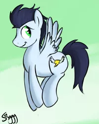 Size: 2775x3474 | Tagged: safe, alternate version, artist:siggyderp, derpibooru import, soarin', pegasus, pony, flying, male, old cutie mark, signature, solo, stallion