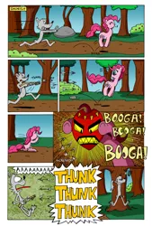Size: 1024x1512 | Tagged: safe, artist:cartoon-eric, derpibooru import, pinkie pie, oc, oc:fred wolfbane, pony, comic:pink. it's what's for dinner, arrows, chase, comic, courage the cowardly dog, crossbow, forest, mask, screaming