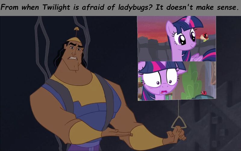 Size: 1280x806 | Tagged: safe, derpibooru import, twilight sparkle, twilight sparkle (alicorn), alicorn, insect, ladybug, pony, it ain't easy being breezies, starlight the hypnotist, spoiler:interseason shorts, coccinellidaephobia, confused, floppy ears, kronk, the emperor's new groove, twilight hates ladybugs