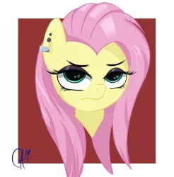 Size: 2142x2178 | Tagged: safe, artist:lux-arume, derpibooru import, fluttershy, pegasus, pony, fake it 'til you make it, bust, disembodied head, ear piercing, eyeshadow, female, fluttergoth, looking at you, makeup, mare, piercing, solo, unamused