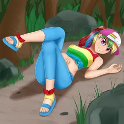 Size: 2000x2000 | Tagged: safe, artist:focusb, derpibooru import, rainbow dash, human, equestria girls, equestria girls series, spring breakdown, spoiler:eqg series (season 2), clothes, feet, female, front knot midriff, human coloration, humanized, looking at you, midriff, sandals, sexy, solo, stupid sexy rainbow dash