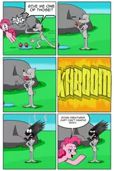 Size: 1024x1536 | Tagged: artist:cartoon-eric, comic, comic:pink. it's what's for dinner, cupcake, derpibooru import, explosion, food, oc, oc:fred wolfbane, pinkie pie, safe