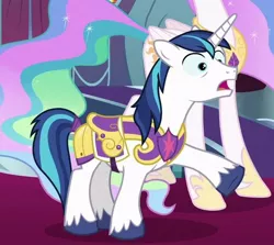 Size: 490x438 | Tagged: safe, derpibooru import, screencap, princess celestia, shining armor, pony, unicorn, sparkle's seven, armor, cropped, hoof shoes, hooves, male, royal guard armor, solo focus, stallion