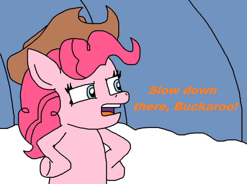 Size: 1032x772 | Tagged: safe, alternate version, artist:logan jones, derpibooru import, pinkie pie, pony, applejack's hat, bipedal, buckaroo, cowboy, cowboy hat, cowgirl, hat, hooves on hips, meme, ponified meme, reaction image, sandy's treedome, slow down, snow, spongebob squarepants, survival of the idiots, western