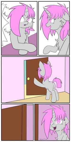 Size: 632x1264 | Tagged: safe, artist:fajnyziomal, derpibooru import, oc, oc:purple light, unofficial characters only, pony, unicorn, comic:świstek, cheek fluff, chest fluff, comic, door, female, knocking, mare, smiling, solo