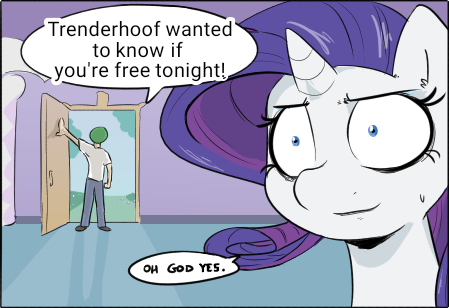 Size: 449x308 | Tagged: safe, artist:shoutingisfun, derpibooru import, edit, editor:redweasel, rarity, oc, oc:anon, pony, anon's grand entrance, door, exploitable meme, implied shipping, implied straight, implied trenderhoof, implied trenderity, meme