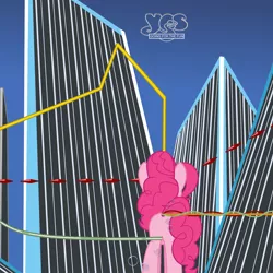 Size: 2000x2000 | Tagged: safe, artist:aleximusprime, artist:grapefruitface1, derpibooru import, pinkie pie, ponified, pony, ponified album cover, sky, skyscraper, tubes, yes (band)