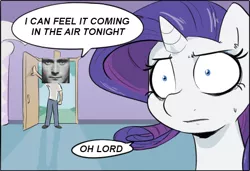 Size: 449x308 | Tagged: safe, artist:shoutingisfun, derpibooru import, edit, rarity, oc, oc:anon, human, pony, unicorn, anon's grand entrance, door, exploitable meme, female, in the air tonight, male, mare, meme, phil collins, song reference, speech bubble