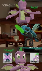 Size: 1920x3240 | Tagged: 3d, artist:papadragon69, changeling, changeling magic, changeling queen, charge, charging, choice, comic, comic book, comic:spike's cyosa, crystal empire, cyoa, derpibooru import, dodge, dragon, female, fight, male, older, older spike, queen chrysalis, safe, source filmmaker, spike, teenager, teenage spike, winged spike