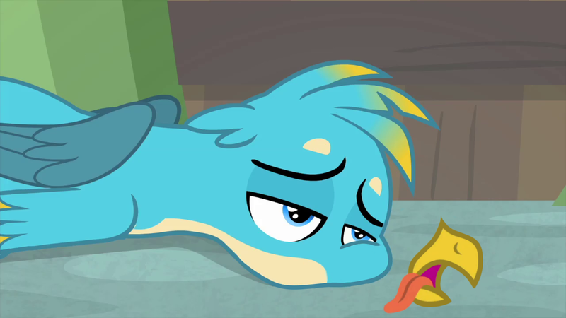 Size: 1280x720 | Tagged: safe, derpibooru import, edit, edited screencap, screencap, gallus, gryphon, teacher of the month (episode), spoiler:interseason shorts, beak, beakless, birb, cartoon physics, cheek squish, dead, floor, i have no mouth and i must scream, lidded eyes, male, modular, no mouth, open mouth, prone, sad, solo, squishy cheeks, tongue out, wat