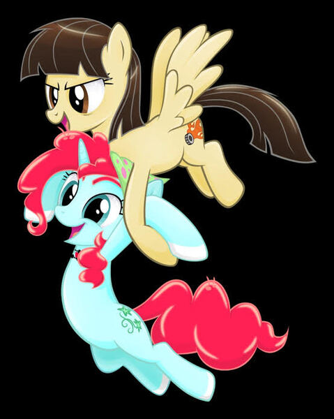 Size: 554x694 | Tagged: safe, derpibooru import, wild fire, oc, oc:snowdrop (mutatingraven), pegasus, pony, unicorn, carrying, cute, female, flying, holding a pony, sibsy, smiling