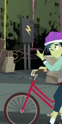 Size: 272x540 | Tagged: safe, derpibooru import, screencap, mile hill, equestria girls, equestria girls series, run to break free, spoiler:eqg series (season 2), background human, bicycle, bike helmet, clothes, cropped, helmet, legs, one eye closed, pants, shoes, socks