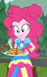 Size: 582x945 | Tagged: safe, derpibooru import, screencap, pinkie pie, equestria girls, equestria girls series, wake up!, spoiler:choose your own ending (season 2), spoiler:eqg series (season 2), clothes, cropped, cute, diapinkes, dress, eating, female, food, fork, geode of sugar bombs, magical geodes, pancakes, plate, syrup, wake up!: applejack