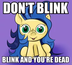 Size: 960x872 | Tagged: safe, artist:wizardski, derpibooru import, oc, oc:milky way, unofficial characters only, pony, all caps, caption, doctor who, don't blink, female, freckles, image macro, impact font, mare, smiling, solo, stare, statue, text, weeping angel