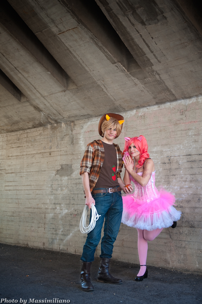 Size: 852x1280 | Tagged: applejack, applejack (male), applepie, applepie (straight), artist:deadly-doll, artist:kyo-kun90, clothes, cosplay, costume, derpibooru import, female, half r63 shipping, human, irl, irl human, lesbian, male, photo, pinkie pie, rope, rule 63, safe, shipping, straight