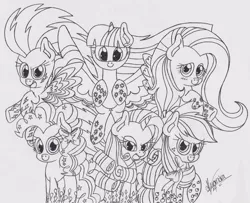 Size: 900x731 | Tagged: safe, artist:rhythm-is-best-pony, derpibooru import, applejack, fluttershy, pinkie pie, rainbow dash, rarity, twilight sparkle, twilight sparkle (alicorn), alicorn, pony, twilight's kingdom, mane six, rainbow power, traditional art