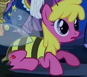 Size: 285x252 | Tagged: safe, derpibooru import, screencap, cherry berry, bee, insect, pony, luna eclipsed, animal costume, background pony, bee costume, clothes, cosplay, costume, cropped, cute, female, mare, nightmare night costume, outfit catalog, prone, solo focus, 🐝