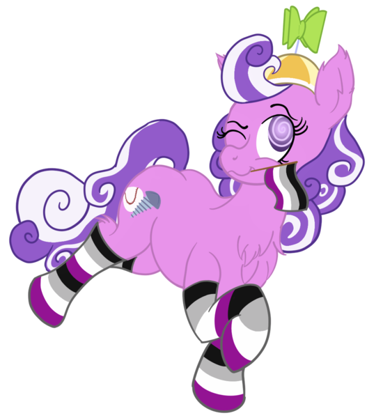 Size: 1100x1200 | Tagged: safe, artist:sixes&sevens, derpibooru import, screwball, earth pony, pony, asexual, asexual pride flag, clothes, female, hat, headcanon, lgbt headcanon, mare, mouth hold, one eye closed, pride, pride flag, propeller hat, sexuality headcanon, simple background, socks, solo, striped socks, transparent background, wink