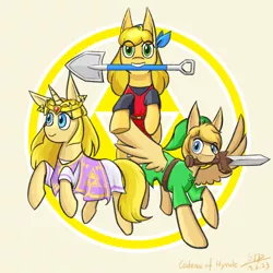 Size: 1000x1000 | Tagged: safe, artist:sunnytp, derpibooru import, ponified, earth pony, pegasus, pony, unicorn, cadence (crypt of the necrodancer), cadence of hyrule, clothes, crown, crypt of the necrodancer, cute, jewelry, link, princess zelda, regalia, shovel, skirt, sword, the legend of zelda, triforce, tunic, weapon