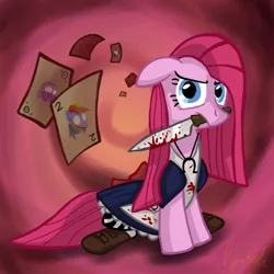 Size: 1024x1024 | Tagged: semi-grimdark, artist:petirep, derpibooru import, pinkie pie, rainbow dash, rarity, twilight sparkle, earth pony, pony, alice madness returns, american mcgee's alice, blood, clothes, crossover, female, mare, mouth hold, pinkamena diane pie, vorpal blade, yandere, yandere pie