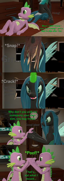 Size: 1920x5400 | Tagged: 3d, angry, artist:papadragon69, changeling, changeling magic, changeling queen, comic, comic:spike's cyosa, crystal empire, cyoa, derpibooru import, disguise, disguised changeling, dragon, female, fight, grandfather clock, male, older, older spike, queen chrysalis, safe, source filmmaker, spike, teenager, teenage spike, uh oh, winged spike, wood