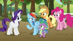 Size: 1920x1080 | Tagged: safe, derpibooru import, screencap, applejack, pinkie pie, rainbow dash, rarity, spike, dragon, earth pony, pegasus, pony, unicorn, between dark and dawn, apple, apple tree, applejack's hat, claws, cowboy hat, female, fence, hat, male, mare, tree, wet spike, winged spike, wings