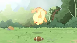 Size: 1702x957 | Tagged: safe, artist:brutalweather studio, derpibooru import, applejack, pony, ponyville's incident, american football, derp, face down ass up, forest, midair, show accurate, sports, stretching