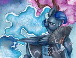 Size: 1029x781 | Tagged: safe, artist:pingwinowa, derpibooru import, princess luna, alicorn, pony, blushing, clothes, ear piercing, earring, fan, female, hand fan, jewelry, kimono (clothing), lidded eyes, looking at you, mare, paper fan, piercing, solo, traditional art, watercolor painting