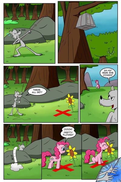 Size: 1024x1536 | Tagged: safe, artist:cartoon-eric, derpibooru import, pinkie pie, oc, oc:fred wolfbane, pony, comic:pink. it's what's for dinner, comic, flower, male, rope, safe (object), sunflower, trap (device), x