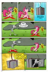 Size: 1024x1536 | Tagged: safe, artist:cartoon-eric, derpibooru import, pinkie pie, oc, oc:fred wolfbane, pony, comic:pink. it's what's for dinner, cartoon physics, comic, flower, pinkie sense, safe (object), sunflower, x