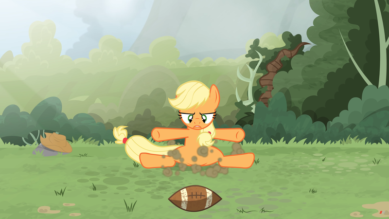 Size: 3840x2160 | Tagged: safe, artist:brutalweather studio, derpibooru import, applejack, pony, ponyville's incident, american football, derp, forest, landing, literal butthurt, lol, pain, show accurate, smack, smack dat ass, sports, this is going to hurt, this will end in pain