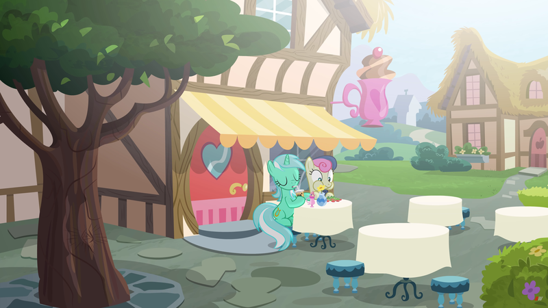 Size: 3840x2160 | Tagged: safe, artist:brutalweather studio, derpibooru import, bon bon, lyra heartstrings, sweetie drops, pony, ponyville's incident, drinking, eating