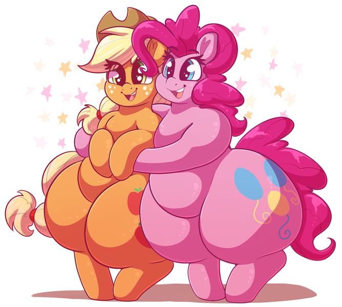 Size: 3282x2950 | Tagged: safe, artist:graphenescloset, derpibooru import, applejack, pinkie pie, pony, she's all yak, adorafatty, applebucking thighs, applefat, bbw, bottom heavy, cute, diapinkes, duo, fat, female, freckles, happy, hug, jackabetes, large butt, mare, obese, pudgy pie, scene interpretation, thighs, thunder thighs, wide hips