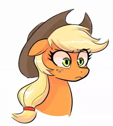 Size: 871x973 | Tagged: safe, artist:newtypehero, derpibooru import, applejack, earth pony, pony, applejack's hat, bust, cowboy hat, female, floppy ears, hat, mare, simple background, solo, sweat, sweatdrop, white background