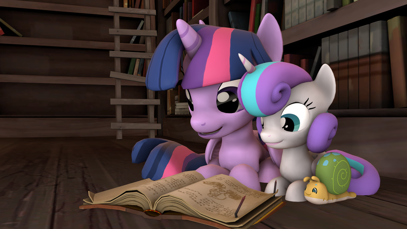 Size: 1920x1080 | Tagged: safe, artist:dracagon, derpibooru import, princess flurry heart, twilight sparkle, twilight sparkle (alicorn), whammy, alicorn, pony, 3d, auntie twilight, book, prone