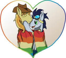 Size: 2407x2131 | Tagged: safe, artist:lizardwithhat, derpibooru import, braeburn, soarin', earth pony, pegasus, pony, couple, cowboy hat, gay, goggles, hat, male, pride, pride flag, pride month, shipping, snuggling, soarburn, stallion