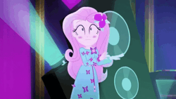 Size: 800x450 | Tagged: safe, derpibooru import, screencap, fluttershy, equestria girls, equestria girls series, the last drop, the last drop: fluttershy, spoiler:choose your own ending (season 2), spoiler:eqg series (season 2), :|, animated, blushing, clothes, cute, dancing, dress, female, flower, flower in hair, geode of fauna, gif, light, magical geodes, nervous, shyabetes, solo, speaker, stage, stage fright, wide eyes