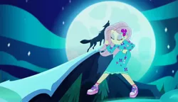Size: 1881x1080 | Tagged: safe, derpibooru import, screencap, fluttershy, wolf, equestria girls, equestria girls series, the last drop, the last drop: fluttershy, spoiler:choose your own ending (season 2), spoiler:eqg series (season 2), clothes, moon, shoes, sneakers