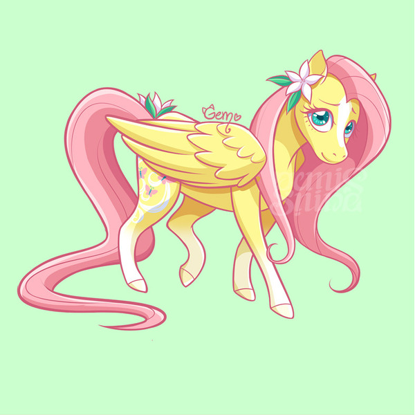 Size: 787x787 | Tagged: safe, artist:geminineart, derpibooru import, part of a set, fluttershy, pegasus, pony, spoiler:g5, alternate design, blaze (coat marking), cute, female, flower, flower in hair, fluttershy (g5), folded wings, g5, green background, looking at you, mare, raised leg, shyabetes, simple background, smiling, socks (coat marking), solo, standing, three quarter view, watermark, wings