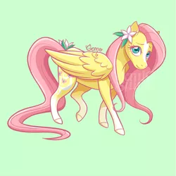 Size: 787x787 | Tagged: safe, artist:geminineart, derpibooru import, part of a set, fluttershy, pegasus, pony, spoiler:g5, alternate design, blaze (coat marking), cute, female, flower, flower in hair, fluttershy (g5), folded wings, g5, green background, looking at you, mare, raised leg, shyabetes, simple background, smiling, socks (coat marking), solo, standing, three quarter view, watermark, wings