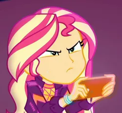 Size: 1139x1059 | Tagged: safe, derpibooru import, screencap, sunset shimmer, equestria girls, equestria girls series, the last drop, spoiler:choose your own ending (season 2), spoiler:eqg series (season 2), angry, clothes, cropped, game, gamer sunset, mobile phone, phone, smartphone, solo, sunset gamer