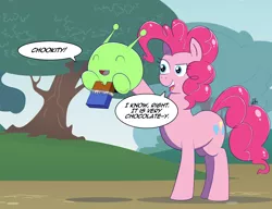 Size: 1500x1150 | Tagged: artist:feralroku, chocolate bar, crossover, derpibooru import, eyes closed, final space, mooncake (final space), pinkie pie, safe, smiling, speech bubble