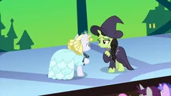Size: 2100x1180 | Tagged: safe, derpibooru import, screencap, broomhilda, glinda (character), sea swirl, seafoam, twinkleshine, written script, pony, unicorn, between dark and dawn, actress, audience, book, braid, clothes, dress, duo focus, elphaba, female, glinda, glinda the good witch, green, hat, hoof hold, hoof on chest, lotta little things, mare, musical, play, ringlets, the wizard of oz, wicked, wicked witch, wicked witch of the west, witch, witch hat
