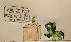 Size: 3264x1948 | Tagged: suggestive, artist:lone15, derpibooru import, oc, oc:anonfilly, pony, :^), banana, female, filly, food, gun, handgun, my friend pedro, pistol, sentient banana, weapon