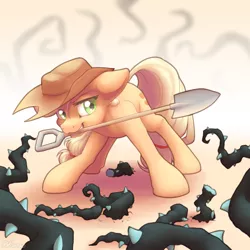 Size: 2000x2000 | Tagged: safe, artist:ohemo, derpibooru import, applejack, earth pony, pony, princess twilight sparkle (episode), female, mare, mouth hold, newbie artist training grounds, plunder seeds, shovel, solo, vine