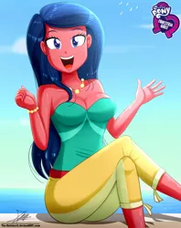 Size: 920x1160 | Tagged: safe, artist:the-butch-x, derpibooru import, desert sage, equestria girls, equestria girls series, spring breakdown, spoiler:eqg series (season 2), background human, blue eyes, blue hair, breasts, bustier, busty desert sage, butch's hello, cleavage, crossed legs, equestria girls logo, female, hello x, jewelry, necklace, open mouth, pearl necklace, signature, solo, waving
